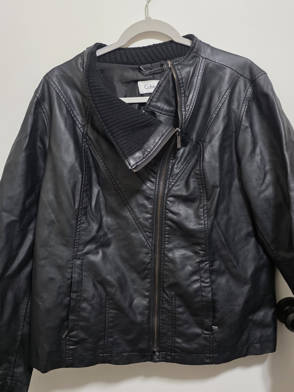 Calvin Klein Faux Leather Moto Jacket Black Asymmetric Zip Ribbed Knit Collar